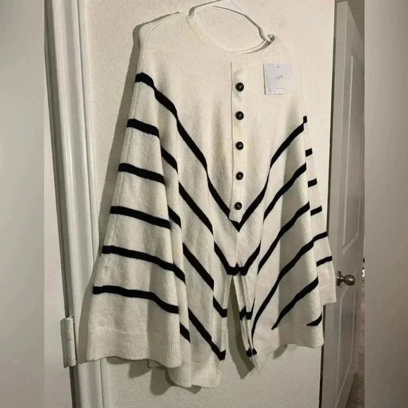 J Jill Nautical Sweater Shall Cape White Navy Striped Button Down Poncho Size OS - Picture 2 of 9